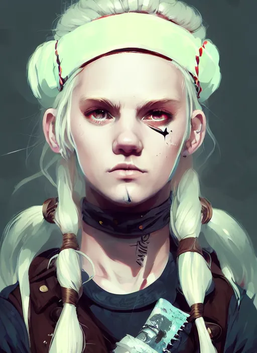 Image similar to highly detailed closeup portrait of a sewer punk swedish female barbarian student, tartan garment, blonde hair pigtails with headband by atey ghailan, by greg rutkowski, by greg tocchini, by james gilleard, by joe fenton, by kaethe butcher, gradient sapphire, black, brown and white color scheme, grunge aesthetic!!! white graffiti tag wall background