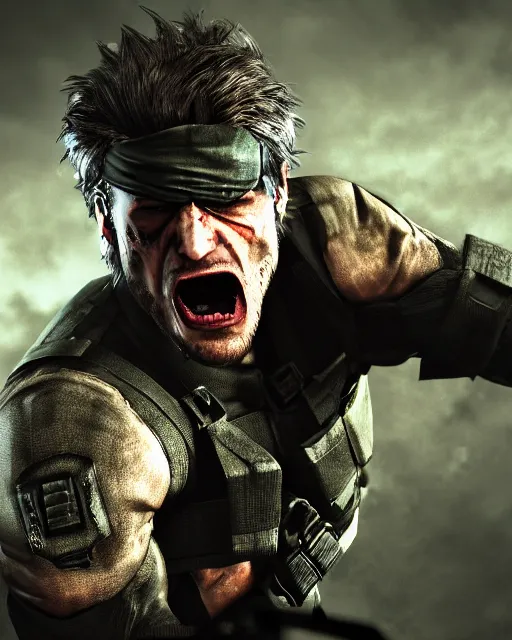 Image similar to solid snake portrait, cinematic lighting, anguished crying screaming yelling, mouth open, black atmospheric background, 4 k photography hdr