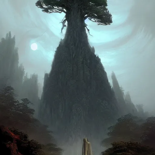 Image similar to stone humanoid colossus by grzegorz rutkowski and richard wright and peter mohrbacher and dan scott, atmospheric haze, stormy, redwood forest, gigantic trees, tiny woman in cloak in foreground silhouette, large scale