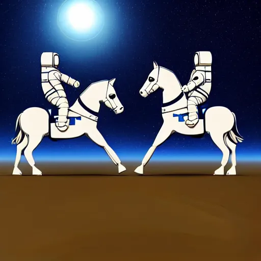 Image similar to an astronaut standing on the ground and a small trippy aggressive centaur standing on that poor human being standing on all fours astronaut raising his arms up, the horse is on his shoulders and grabbing them, minimalist style, 3 d render, isometry