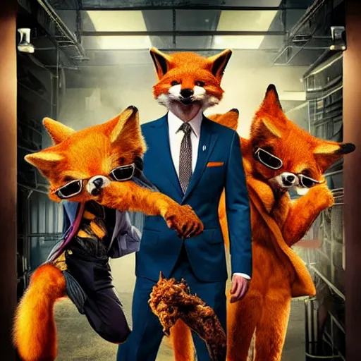 Image similar to hdr quality poster for an action movie fearing cool looking anthropomorphic male foxes in suits stealing fried chicken, promotional media