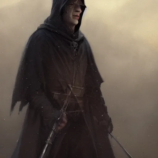 Image similar to portrait of a small pale cowardly man wearing dark hood, fantasy artwork, high fantasy, by greg rutkowski