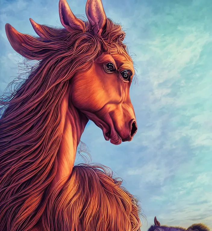 Image similar to a portrait of a beautiful elegant female centaur Ultra realistic + 25mm f/1.7 ASPH Lens, by Dan Mumford + vivid colors + high contrast, 8k resolution, intricate, photorealistic, smooth