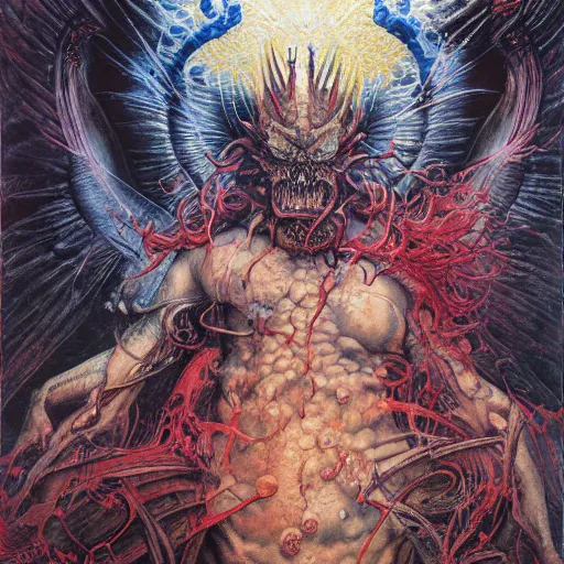 Prompt: realistic detailed image of Satan in heaven by Ayami Kojima, Amano, Karol Bak, Greg Hildebrandt, and Mark Brooks, Neo-Gothic, gothic, rich deep colors. Beksinski painting, part by Adrian Ghenie and Gerhard Richter. art by Takato Yamamoto. masterpiece