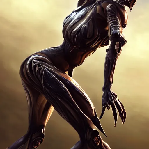 Image similar to beautiful and stunning giant prime female warframe, doing an elegant pose over you, you looking up at her from the ground pov shot, unaware of your existence, slick elegant design, sharp claws, detailed shot legs-up, highly detailed art, epic cinematic shot, realistic, professional digital art, high end digital art, DeviantArt, artstation, Furaffinity, 8k HD render, epic lighting, depth of field