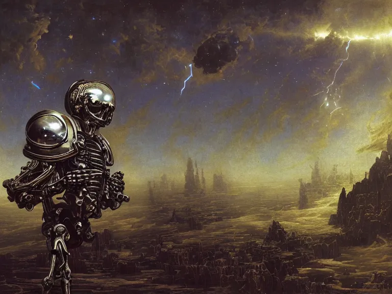 Image similar to a detailed profile oil painting of a skeleton in a space armour, cinematic sci-fi poster. technology flight suit, bounty hunter portrait symmetrical and science fiction theme with lightning, aurora lighting clouds and stars by beksinski carl spitzweg and tuomas korpi. baroque elements. baroque element. intricate artwork by caravaggio. Trending on artstation. 8k