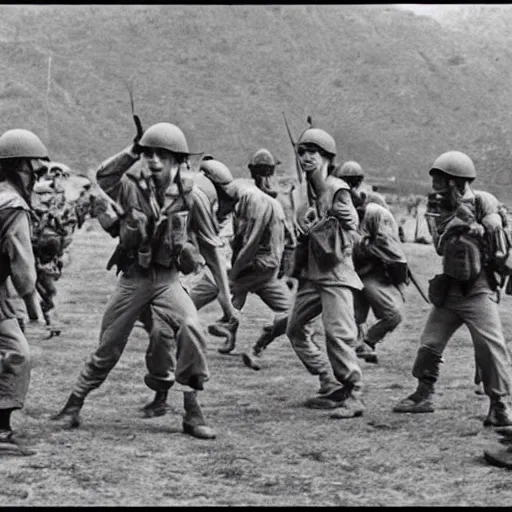 Image similar to BTS boyband fighting in the Vietnam war, historical photo, vintage photo, 1965