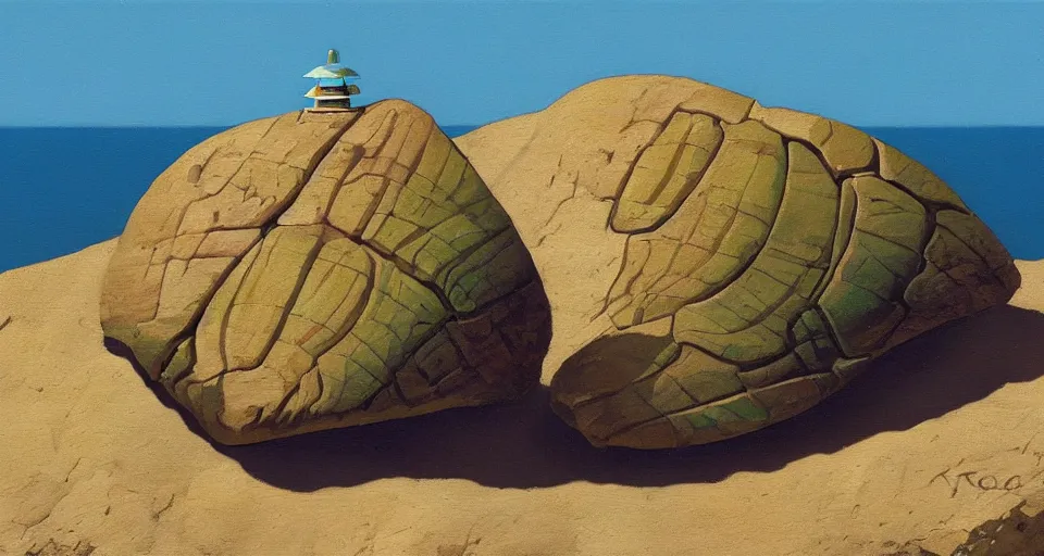 Prompt: oil painting of a tiny abalone seashell house on top of a rock, by roger dean, syd mead, cell shaded graphics, concept art, minimalist