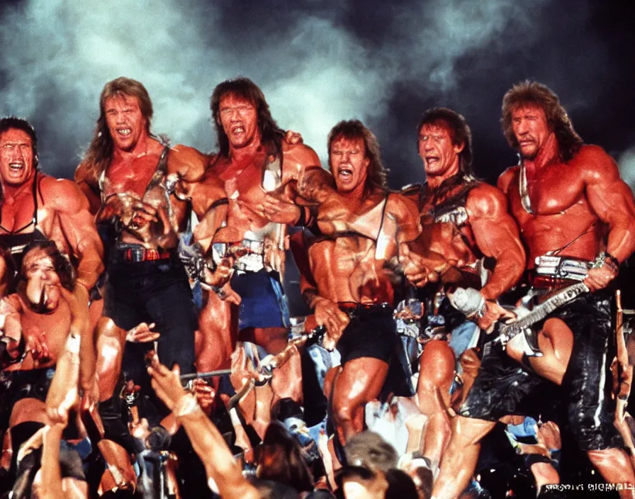 Image similar to colour photo off arnold schwarzenegger, sylvester stallone, dolph lundgren, Chuck Norris and Jean-Claude Van Damme in a heavy metal band, playing guitars, drums, on stage at monsters of rock 1992, pyrotechnics, smoke, vivid colors, daylight, photo real, 28mm, press photograph, wide view, Eastman EXR 50D 5245/7245