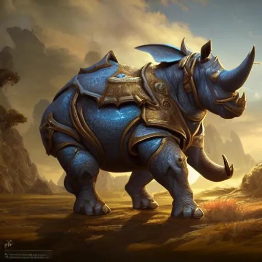 Image similar to an anthropomorphic blue Rhinoceros wearing plate paladin armor, forward facing angle, concept art, character design, stunning 3d render , art by Tooth Wu and justin gerard and Blizzard studios, dim volumetric lighting, 8k octane beautifully detailed render, post-processing, extremely hyperdetailed, intricate complexity, epic composition, grim yet sparkling atmosphere, masterpiece, trending on artstation