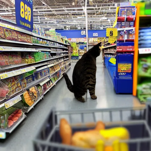 Prompt: a cat shopping for groceries in walmart, 8 k resolution