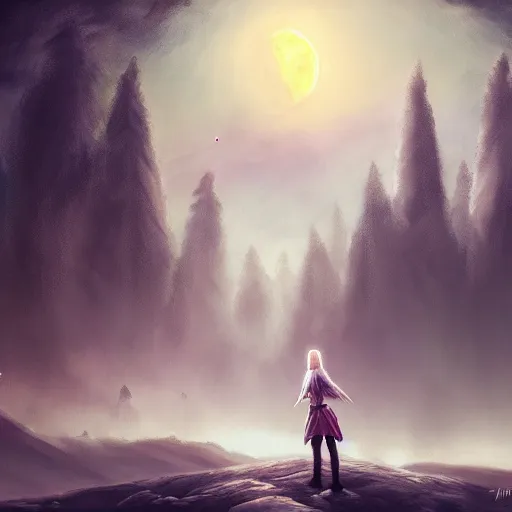 Image similar to girl looks at the space, d & d, fantasy, mist, space moon in background, trees, hyper detailed, midium shot, 8 k realistic, cryengine, digital painting, trending on artstation, concept art, sharp focus, illustration,