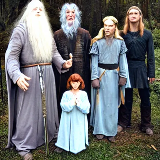 Image similar to gandalf birthday party with frodo, legolas and galadriel