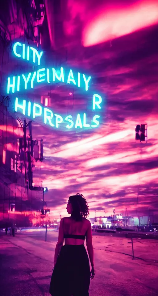 Image similar to hyperrealism, women, city, neon lights, glow, sunset, atmospheric, cinematic, retrowave style,