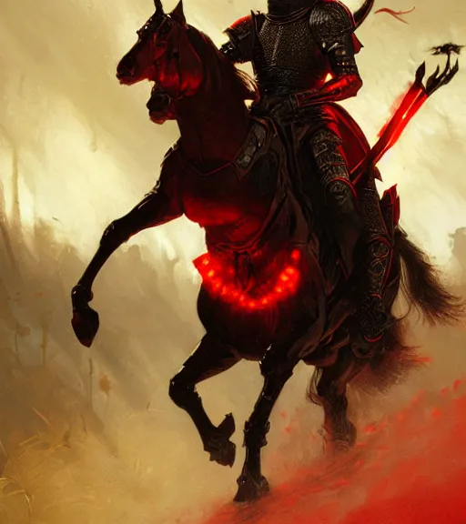 Image similar to a knight wearing black and red armor on horseback, glowing red eyes, intricate, highly detailed, artstation, concept art, perfect composition, dynamic lighting, illustration, volumetric lighting, illustration, sharp focus, art by ralph horsley, greg rutkowski, alphonse mucha