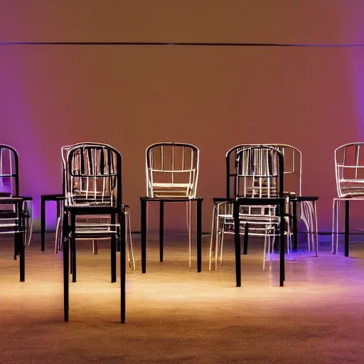 Image similar to an opera scenography of a tower of old chairs with laser lights.