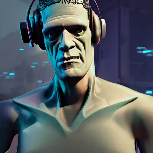 Prompt: Frankenstein wearing a cyberpunk headset, rendered by Beeple, synthwave style, character concept, digital art, unreal engine, WLOP, trending on artstation, 4K UHD image,