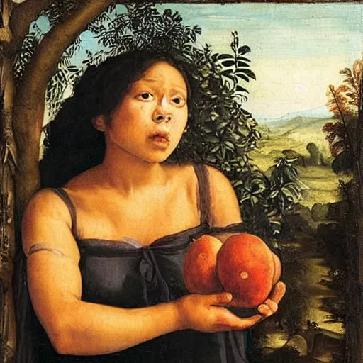 Image similar to beautiful multiracial woman eating an quince from a tree in the garden of eden, realistic renaissance master genius painting