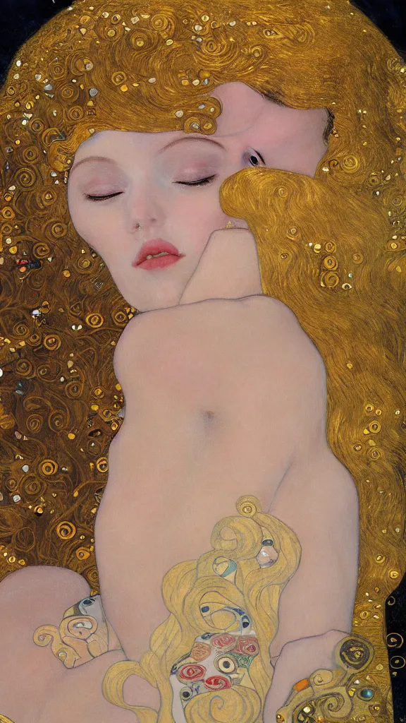 Image similar to a soft and breathtaking detailed painting of a sleeping blonde princess in the style of Gustav Klimt, , shiny gold, elegant, highly detailed, artstation, concept art, matte, sharp focus, art by Gustav Klimt