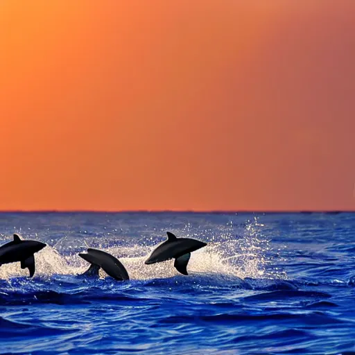 Prompt: pod of dolphins with tails swimming in a calm tropical ocean with a distant coastal city skyline visible in the background at night with a clear star filled sky