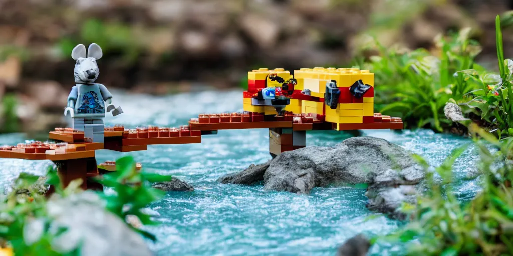 Image similar to A lego rat sitting on a lego bridge over a lego river