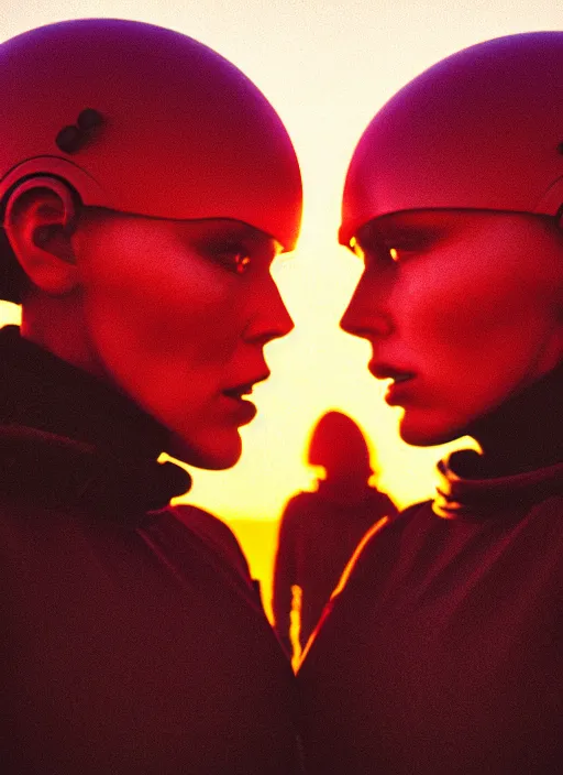 Image similar to cinestill 5 0 d photographic portrait of two loving female androids wearing rugged black techwear on a desolate plain with a red sky, extreme closeup, lizard on ground, cyberpunk style, in front of a brutalist dark metal facility, dust storm, 8 k, hd, high resolution, 3 5 mm, f / 3 2, ultra realistic faces