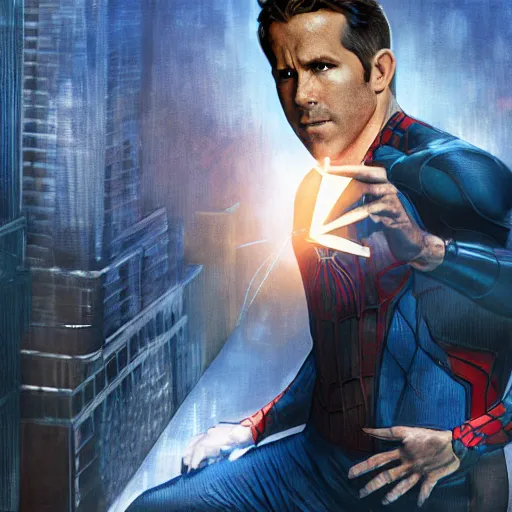 Image similar to ryan reynolds as spider - man, wearing a black and blue suit, cinematic, volumetric lighting, f 8 aperture, cinematic eastman 5 3 8 4 film, photorealistic by greg rutkowski, by stanley artgerm, by alphonse mucha