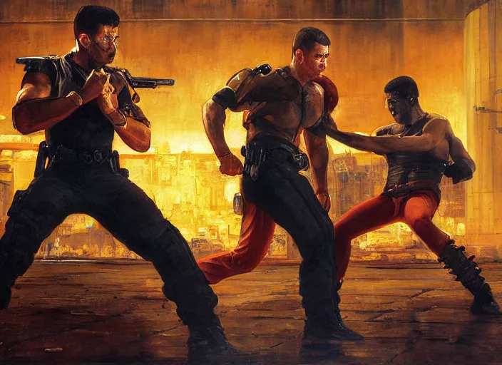 Image similar to Javier fights sgt Nash. Cyberpunk kickboxer in orange jumpsuit fighting menacing police troopers (blade runner 2049). attractive face. Epic painting by john william waterhouse and Edwin Longsden Long and Theodore Ralli and Nasreddine Dinet, oil on canvas. Cinematic, hyper realism, realistic proportions, dramatic lighting, high detail 4k