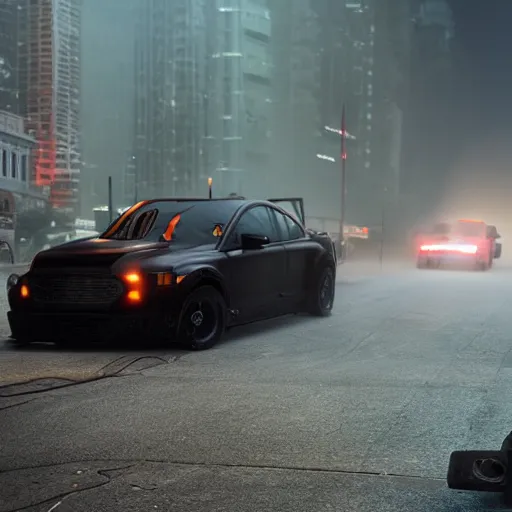 Image similar to vin diesel driving ford model t, drift, fog, volumetric lighting, bokeh, ultra realistic, highly detailed, city, cinematic, art by jan urschel and neil blevins