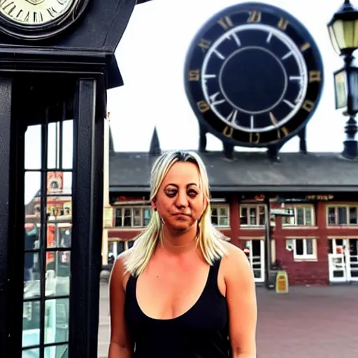 Image similar to A detailed photo of Kaley Cuoco under the Eastgate clock in Chester. Behind her we see a black panther