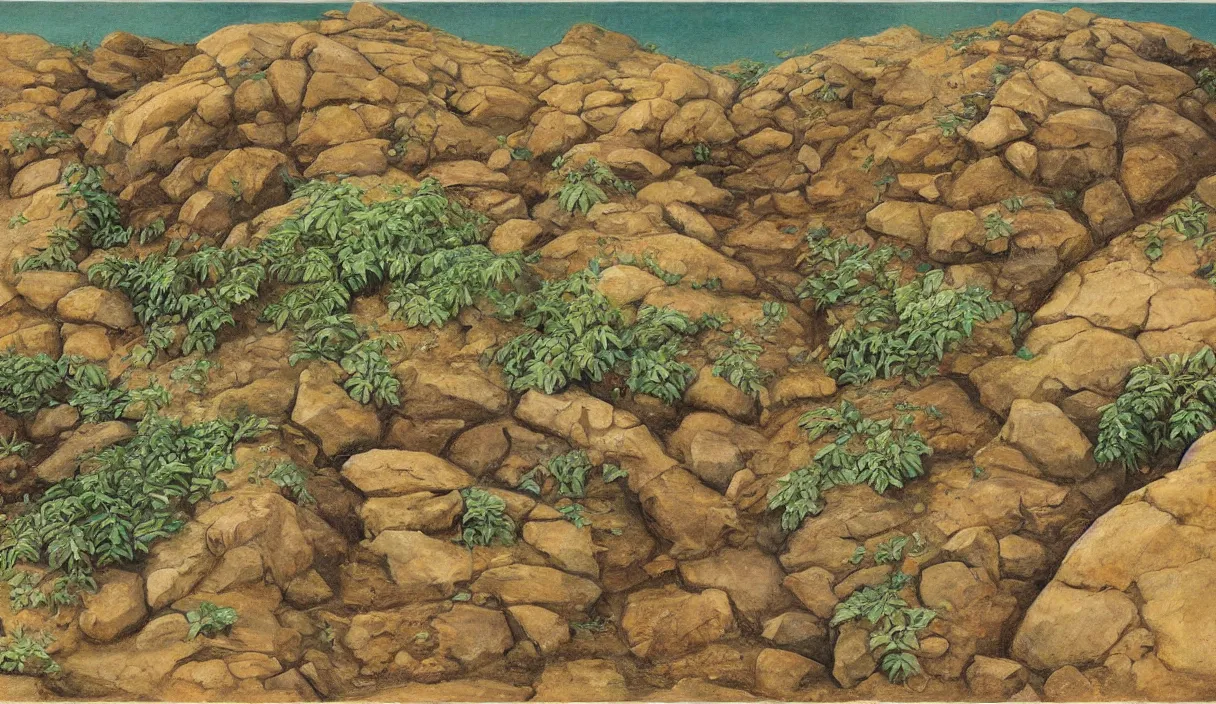 Prompt: cross section of hill dirt and rocks, close up, detailed by marianne north by moebius