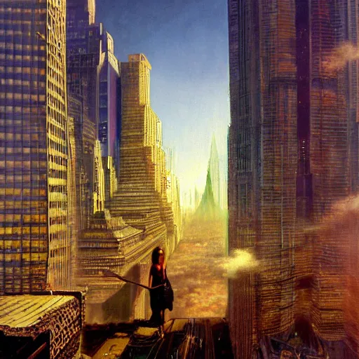Prompt: A beautiful body art of a cityscape with soaring skyscrapers, advanced technology, and a mysterious, ethereal figure in the foreground. motion blur by Ted Nasmith riotous