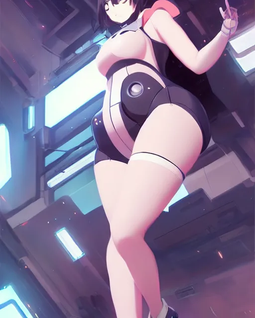 Prompt: a large cute thicc futurstic robotic girl, large thighs, sleek design, cyberpunk, by makoto shinkai an krenz cushart