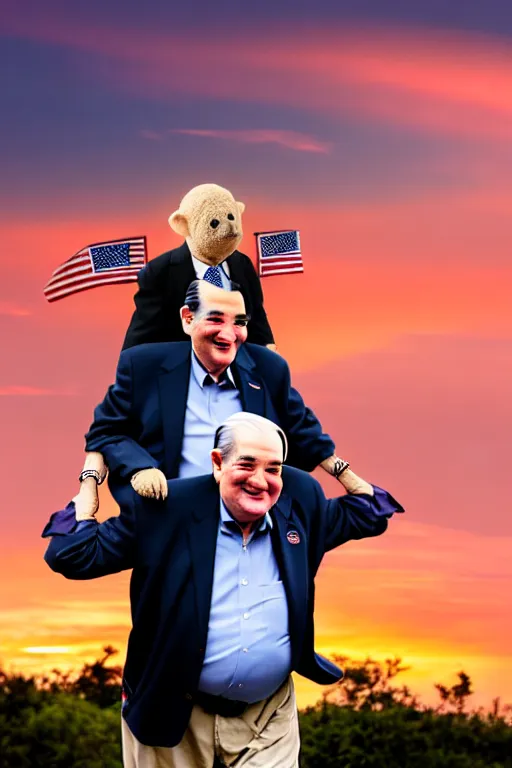 Image similar to elderly man carrying ted cruz piggyback, 8 k, award winning photograph, portrait, detailed faces, sunset in background, highly - detailed