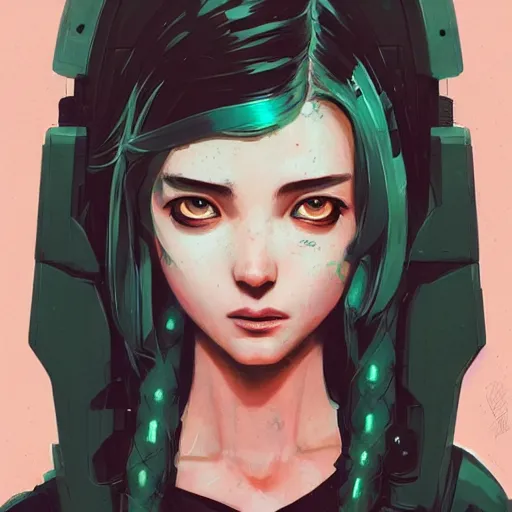 Prompt: Highly detailed portrait of a cyberpunk young lady with, freckles and wavy hair by Atey Ghailan, by Loish, by Bryan Lee O'Malley, by Cliff Chiang, by Greg Rutkowski, inspired by image comics, inspired by graphic novel cover art, inspired by nier!! Gradient pink color scheme ((grafitti tag brick wall background)), trending on artstation
