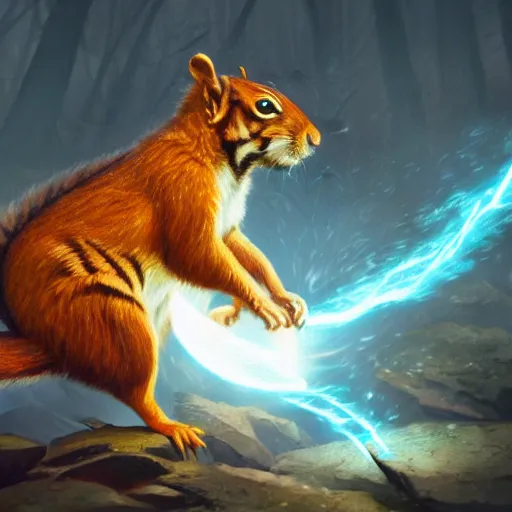 Prompt: Squirrel/tiger, magic the gathering artwork, D&D, fantasy, cinematic lighting, centered, symmetrical, highly detailed, digital painting, artstation, concept art, smooth, sharp focus, illustration, volumetric lighting, epic Composition, 8k, art by Akihiko Yoshida and Greg Rutkowski and Craig Mullins, oil painting, cgsociety