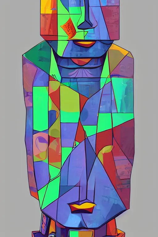 Image similar to cubist moai statue cutout digital illustration cartoon colorful beeple