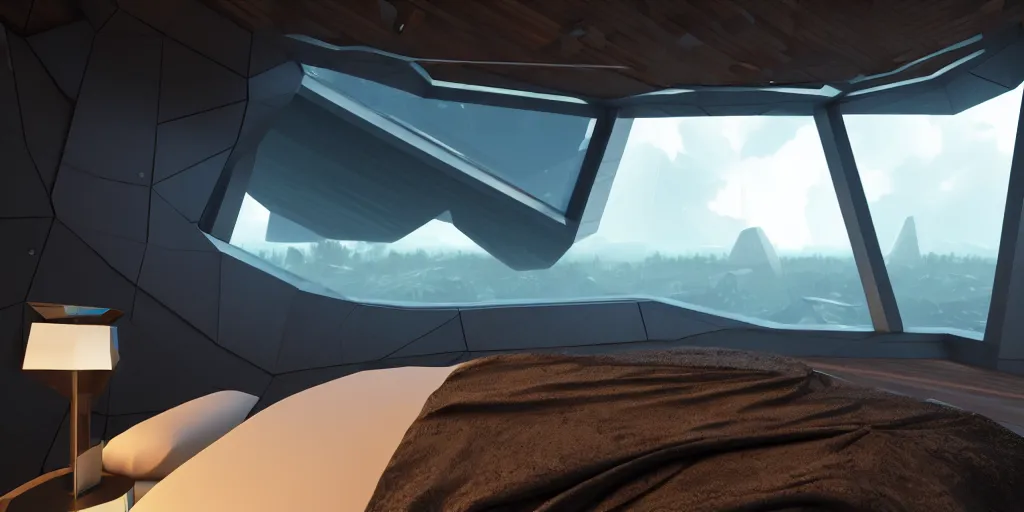 Prompt: angled tilted closeup to a corner in a futuristic confy bedroom, with wood and gold details and a huge futuristic glass window overlooking a lush alien planet environment from ps 5 returnal game, a black ship in the sky, environmental lighting, moody weather and alien skies, ray tracing, amazing view, highly detailed,, octane render, unreal engine 5, 4 k