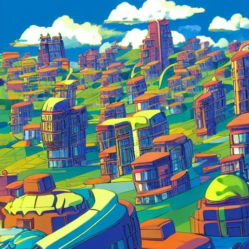 Image similar to futuristic city on a mountainside, colorful city, megacity, clouds on mountain, buildings on mountainside, cel - shading, cel - shaded, 2 0 0 1 anime, bright sunshine