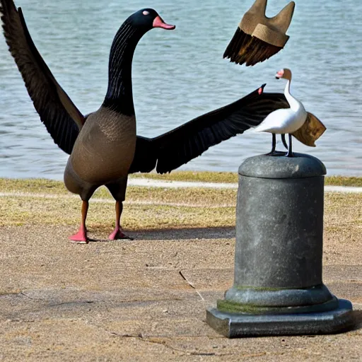 Prompt: a goose attacking a goose statue