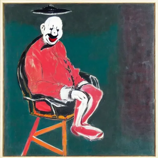 Image similar to painting of a clown sitting on a chair, staring at you, by georg baselitz