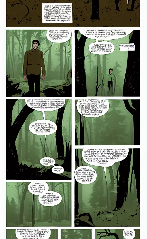 Prompt: Twin Peaks comic art splash page of Dale Cooper entering the portal in the woods by Tomer Hanuka