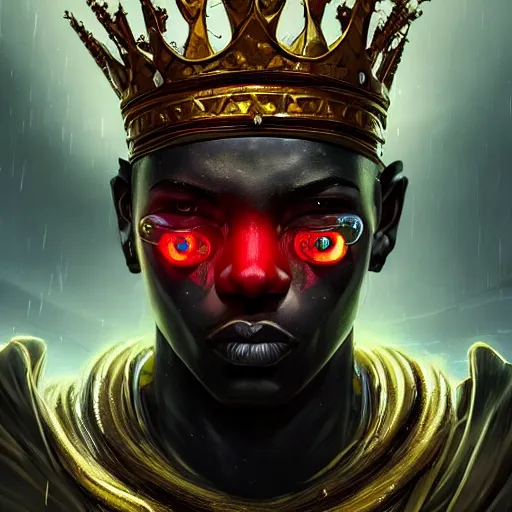 Prompt: a dark and ominous african moor with glowing eyes and a golden crown with a ruby crying tears of gold in a thunderstorm, Apex Legends character digital illustration portrait design, by android jones and greg rutkowski in a cyberpunk voodoo style, detailed, cinematic lighting, wide angle action dynamic portrait