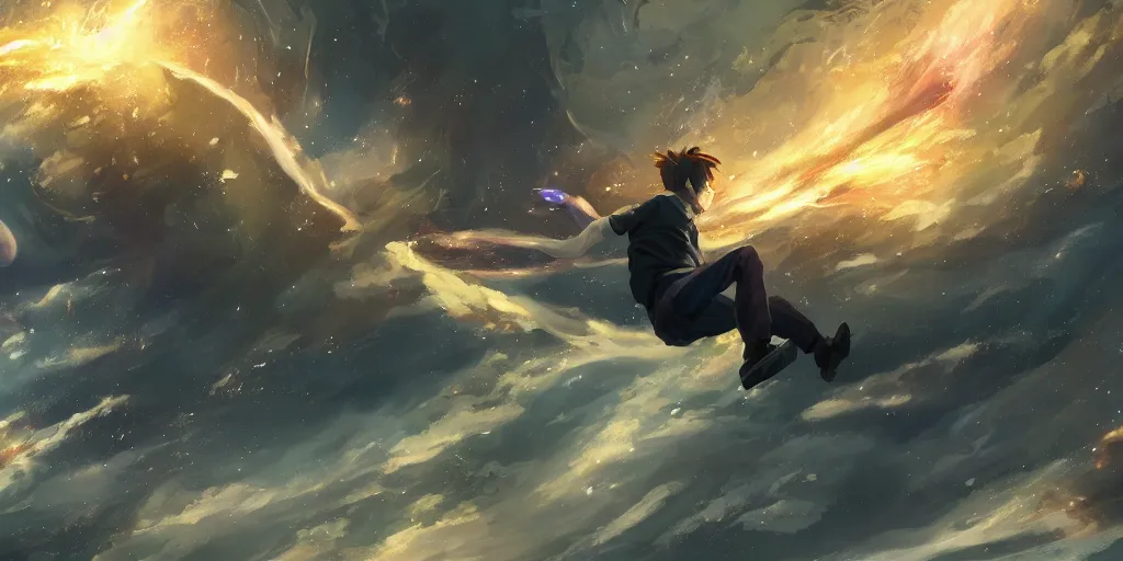 Prompt: concept art painting of a man falling eternally in the universe, realistic, detailed, cel shaded, in the style of makoto shinkai and greg rutkowski and james gurney