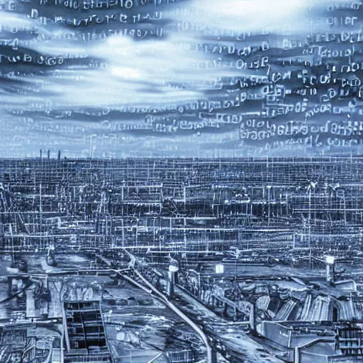 Image similar to industrial city with cloudy sky, datamoshed