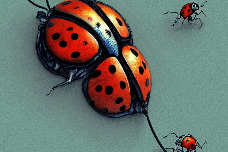 Prompt: oasis ladybug, in the style of Greg Broadmore and Arthur Rackham and Moebius,trending on artstation, light lighting side view,digital art,surrealism ,macro,blueprint ,vaporwave ,