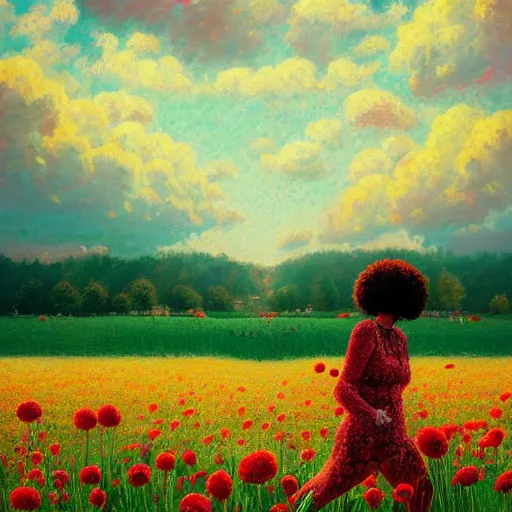 Image similar to giant red carnation afro head, full body, girl walking in the middle of a field with flowers, surreal photography, hills, sunrise dramatic light, impressionist painting, colorful clouds, digital painting, pointillism, artstation, simon stalenhag