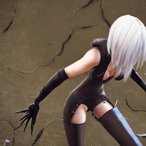 Image similar to a2 from nier automata looking at the ground with despair, full body, incredibly detailed ultra realistic 4k image, trending on artstation