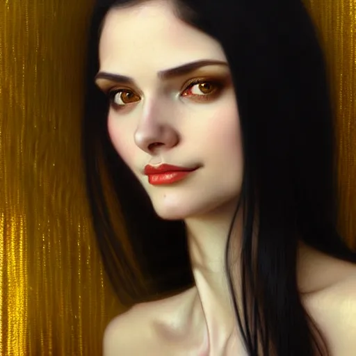 Image similar to portrait of a smiling, beautiful, pale skin eastern european female with long black hair, dark brown eyes, elegant clothing, photorealistic, highly detailed, artstation, smooth, sharp focus, gold ornaments, neon lighting, sci - fi, art by gustav klimt, artgerm, greg rutkowski and alphonse mucha