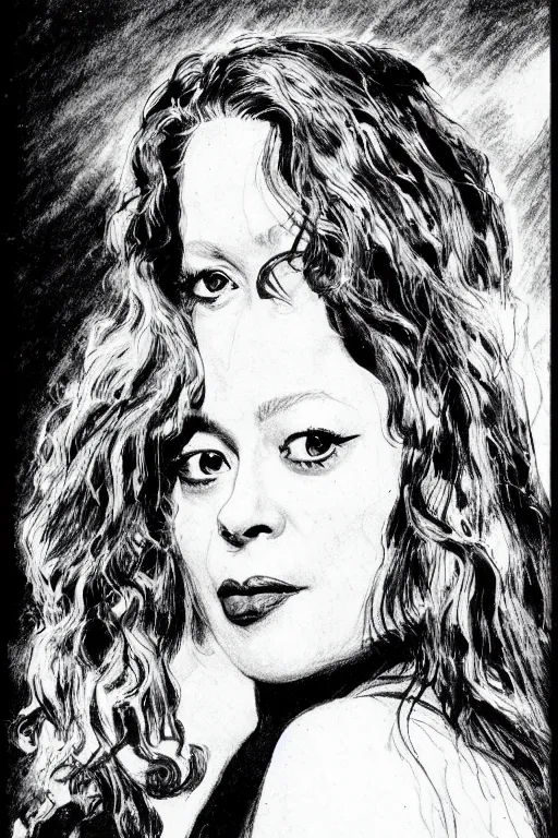 Prompt: natasha lyonne as illustrated by frank frazetta and john cho, black and white, crisp line art